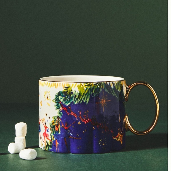 Anthropologie Pauline de Roussy de Sales Sleight Blue/ Gold Christmas Mug - Picture 1 of 13